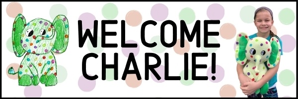 Text "Welcome Charlie" with a drawing of Charlie on the left and Charlie's illustrator on the right