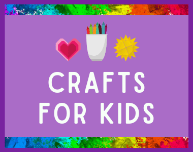 Text "Crafts for Kids" on a purple background with colorful pens and a heart and sun made from craft paper