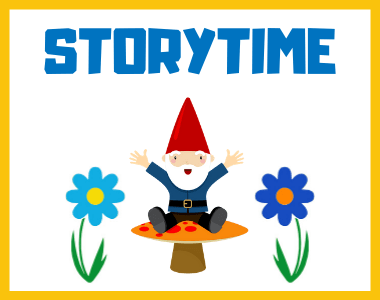 Drawing of a gnome on a mushroom with two flowers labeled storytime