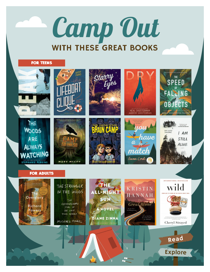 Camp Out with These Great Books. Teen Titles: Peak by Roland Smith, The Lifeboat Clique by Kathy Parks, Starry Eyes by Jenn Bennett, Dry by Neal and Jarrod Shusterman, The Speed of Falling Objects by Nancy Richardson Fischer, The Woods Are Always Watching by Stephanie Perkins, Camp So and So by Mary McCoy, Brain Camp by Susan Kim & Laurence Klavan, You Have a Match by Emma Lord, I Am Still Alive by Kate Alice Marshall. Adult titles: The Overstory by Richard Powers, The Stranger in the Woods by Michael Finkel, The All-Night Sun by Diane Zinna, The Great Alone by Kristin Hannah, Wild by Cheryl Strayed.
