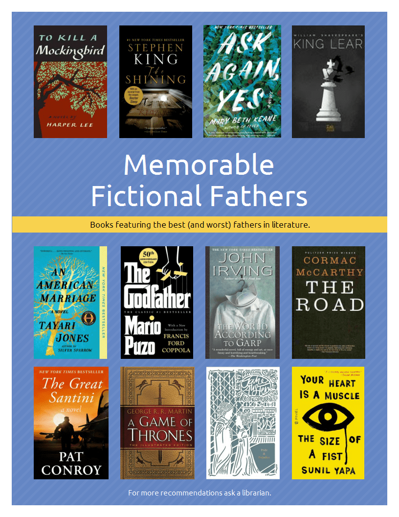 Memorable Fictional Fathers. Titles: To Kill a Mockingbird bu Harper Lee, The Shining by Stephen King, Ask Again Yes by Mary Beth Keane, King Lear by William Shakespeare, An American Marriage by Tayari Jones, The Godfather by Mario Puzo, the World According to Garp by John Irving, The Road by Cormac McCarthy, The Great Santini by Pat Conroy, A Game of Thrones by George R.R. Martin, Pride and Prejudice by Jane Austen, Your Heart Is a Muscle the Size of a Fist by Sunil Yapa.