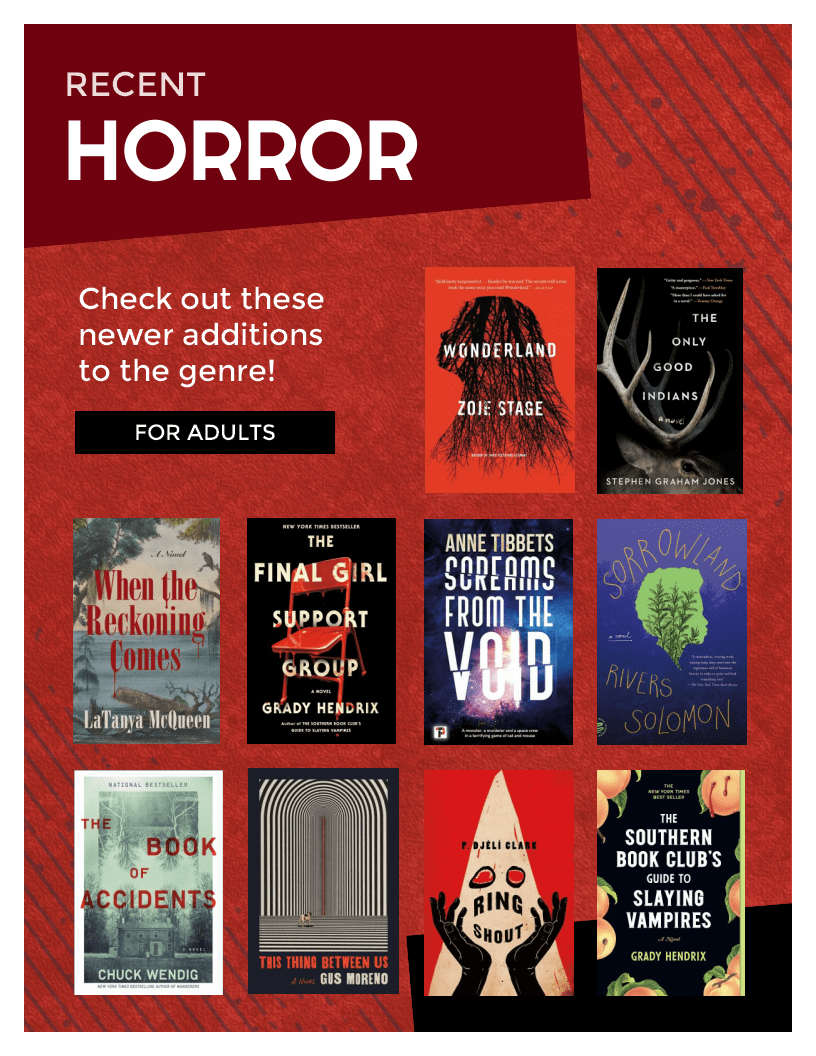 Recent Horror. Titles: Wonderland by Zoje Stage, The Only Good Indians by Stephen Graham Jones, When the Reckoning Comes by LaTanya McQueen, The Final Girl Support Group by Grady Hendrix, Screams from the Void by Anne Tibbets, Sorrowland by Rivers Solomon, The Book of Accidents by Chuck Wendig, This Thing Between Us by Gus Moreno, Ring Shout by P. Djeli Clark, The Southern Book Club's Guide to Slaying Vampires by Grady Hendrix.