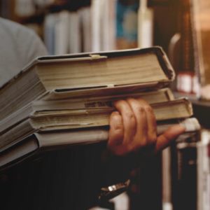 stack of library books