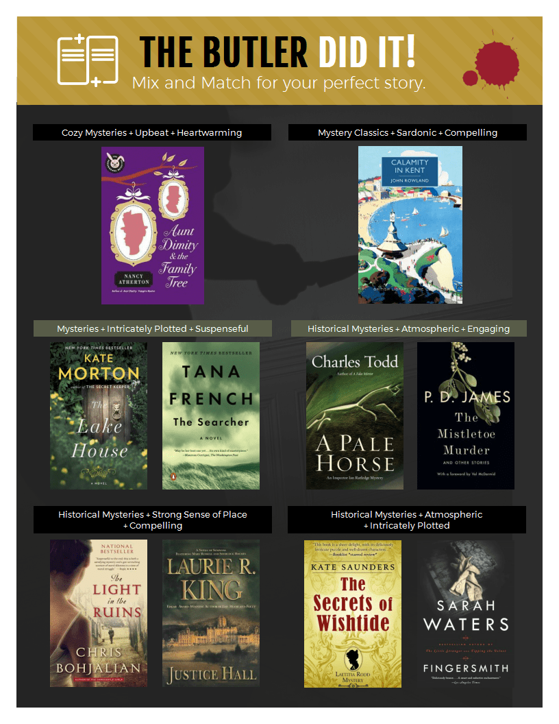 The Butler Did It. Aunt Dimity and the Family Tree by Nancy Atherton, Calamity in Kent by John Rowland, Lake House by Kate Morton, The Searcher by Tana French, A Pale Horse by Charles Todd, The Mistletoe Murder by P.D. James, The Light in the Ruins by Chris Bohjalian, Justice Hall by Laurie R. King, The Secrets of Wishtide by Kate Saunders, Fingersmith by Sara Waters
