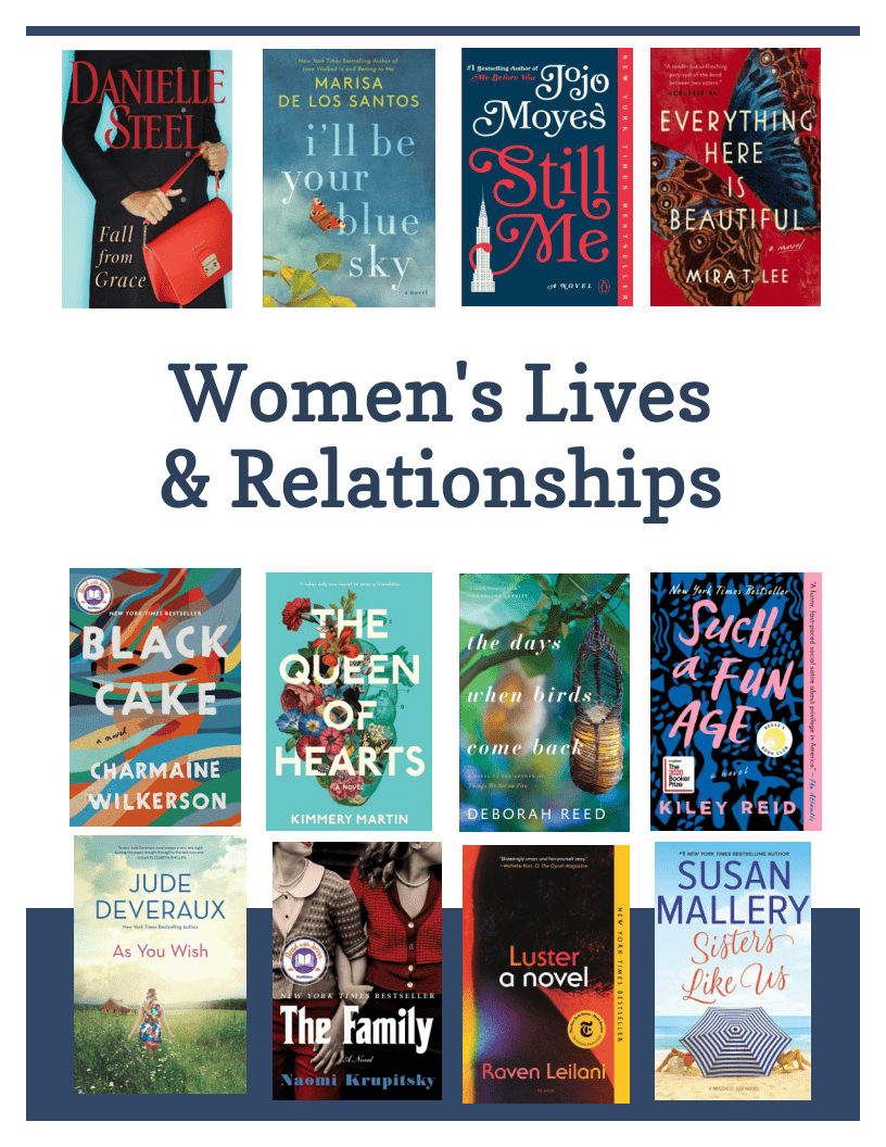 Women's Lives and Relationships. Titles: Fall from Grace by Danielle Steel, I'll Be Your Blue Sky by Marisa De Los Santos, Still Me by Jojo Moyes, Everything Here Is Beautiful by Mira T. Lee, Black Cake by Charmaine Wilkerson, the Queen of Hearts by Kimmery Martin, The Days When Birds Come Back by Deborah Reed, Such a Fun Age by Kiley Reid, As You Wish by Jude Deveraux, The Family by Naomi Krupitsky, Luster by Raven Leilani, Sisters Like Us by Susan Mallery.